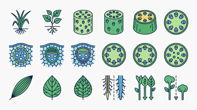 Scientific illustration of plant anatomy including cross-sections of monocot and dicot stems, vascular bundles, root systems, and leaf venation types for botanical education.
