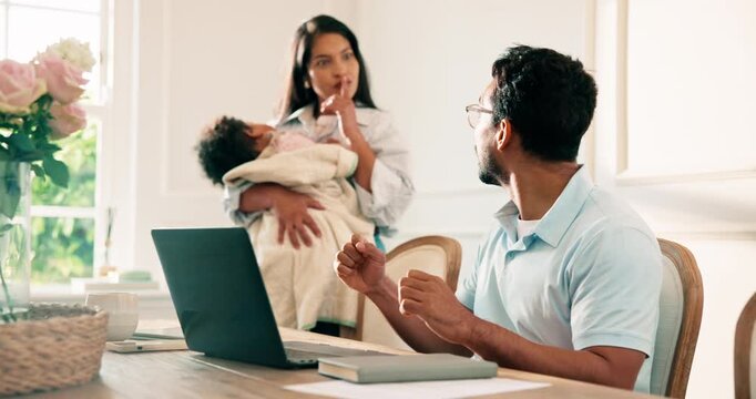 Laptop, fist pump and businessman in home with remote work for web development or freelance. Excited, family and noisy software engineer for silence, sleeping baby and celebrate success in apartment.