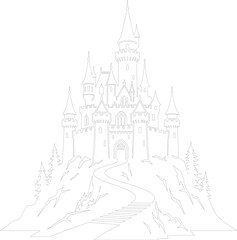 Naklejka premium Elegant medieval fairytale castle outline with tall towers and winding pathway on a hill crest vector