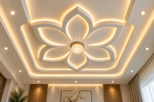 Luxury Flower Shaped False Ceiling Design with LED Backlight and Crystal Chandelier