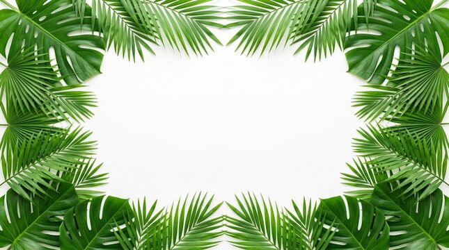 Green tropical palm and monstera leaves frame on white background