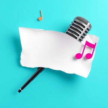 Dynamic microphone with torn paper music note sound wave speech bubble banner template for podcast or music project,  eclectic,  paper