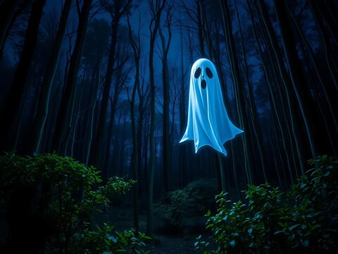 Spooky ghost floating through a dark forest at night,  spectral,  dark
