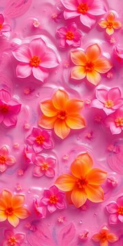 Vibrant pinks and oranges swirl with delicate water blooms, evoking a cheerful, artistic feel,  fresh,  delicate