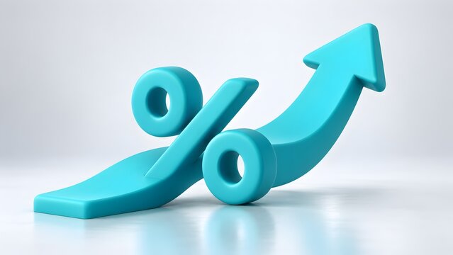 Cyan 3D percentage symbol transforming into an upward pointing arrow representing rising interest rates and economic growth.