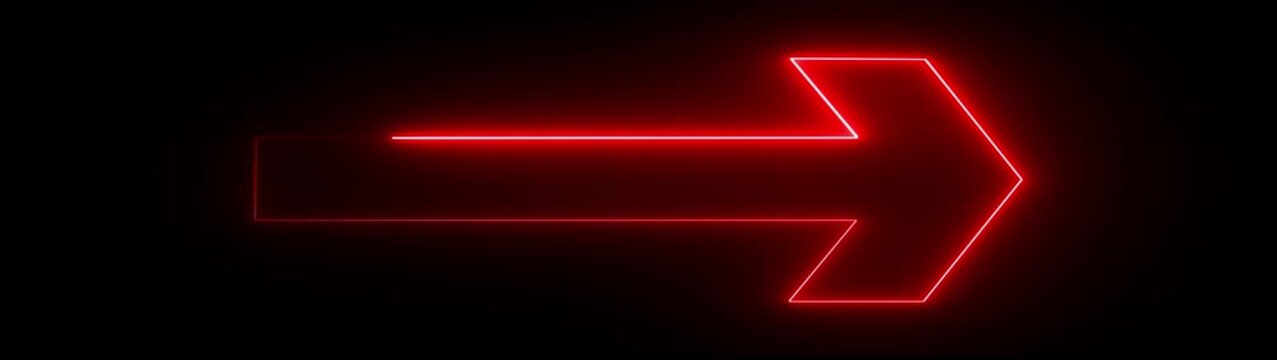 Animated red arrow neon flashing pointing right icon, symbol of arrow with black background, seamless loop