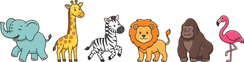 Fototapeta premium A collection of cute cartoon zoo animals standing in a row.