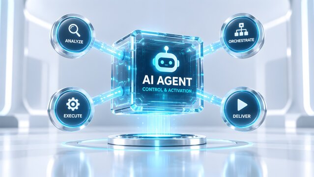 Futuristic glowing blue AI agent control cube connecting to analyze orchestrate execute and deliver nodes in a bright laboratory.