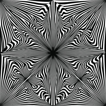 Hypnotic optical illusion star pattern featuring distorted black and white psychedelic stripes for abstract background texture vector