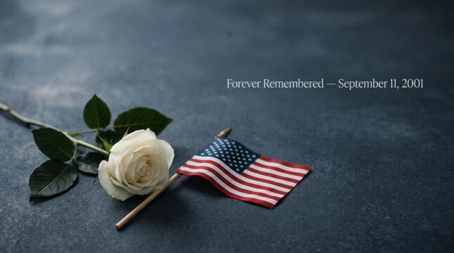 Heartfelt tribute honoring september 11 2001 featuring white rose alongside an american flag in remembrance