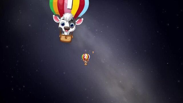 Cartoon Animals in Numbered Hot Air Balloons Flying Through Space