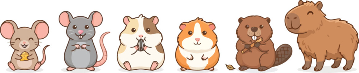 Fototapeta premium A collection of cute cartoon rodents including mice hamsters and a capybara.