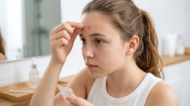 Teenage Girl Applying Hydrocolloid Pimple Patch onto Forehead Acne in Bathroom