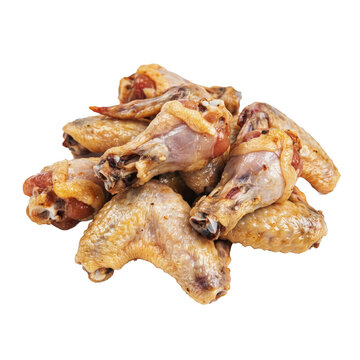 A pile of raw uncooked chicken wings with skin on a white surface isolated on a transparent background