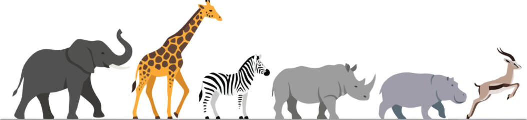 Fototapeta premium A collection of various African safari animals standing in a row on a white background.