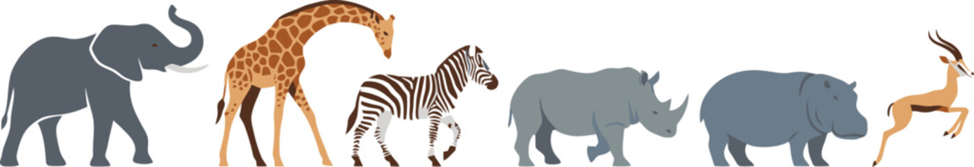 Fototapeta premium A collection of diverse African safari animals standing in a row on a white background.