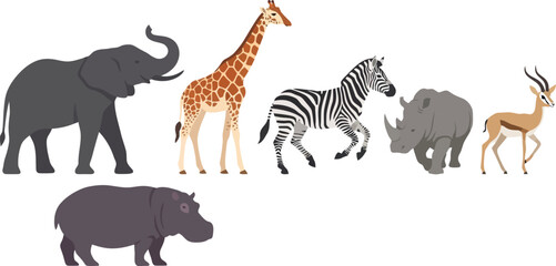 Fototapeta premium A collection of various African safari animals including elephant giraffe zebra rhino and gazelle.