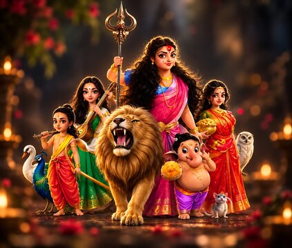 Goddess Durga with Her Divine Family and Sacred Animals, Traditional Hindu Devotional Artwork
