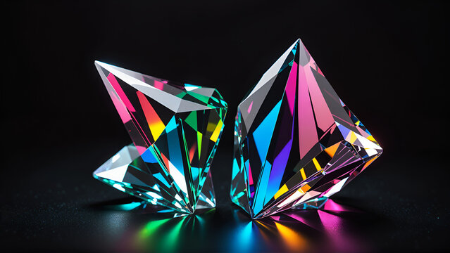 abstract transparent crystal gemstones rainbow refraction black background