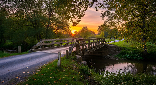countryside road sunset with wooden bridge over small stream