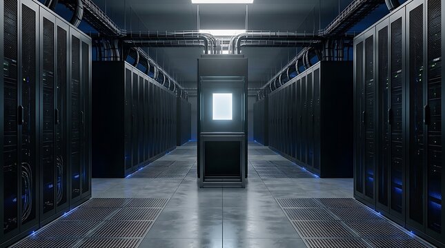 A futuristic data center server room storing digital e-statement records and cloud computing data.