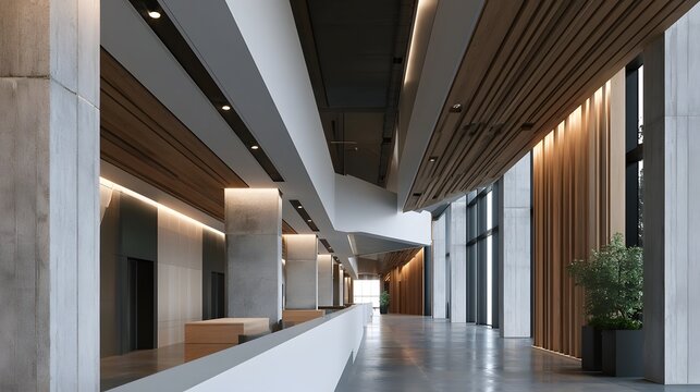 A modern architectural corridor with exposed concrete pillars  wooden ceiling slats  and ambient lighting along the walls