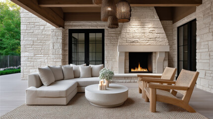 Obraz premium Modern outdoor living area with white sectional sofa, wooden armchairs, round coffee table, fireplace, and woven rug creates cozy atmosphere