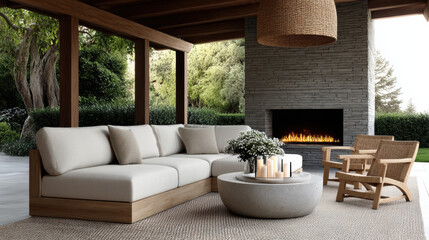 Obraz premium Modern outdoor living area with wooden sofa, stone fireplace, woven chairs, round table, candle decor, and lush garden view