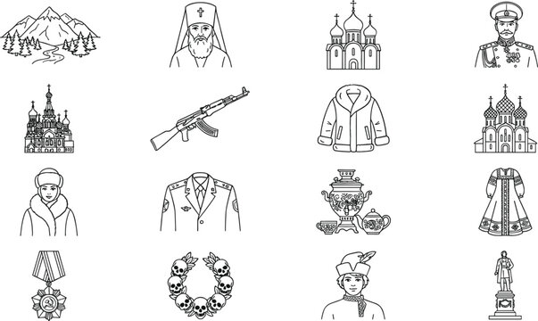 Russian traditional culture and history line icons set featuring architecture landmarks people garments and famous symbols