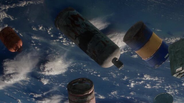 Various objects drift in space, showing some cans and barrels scattered around. The view captures the blue planet below and a vast expanse of clouds and darkness.