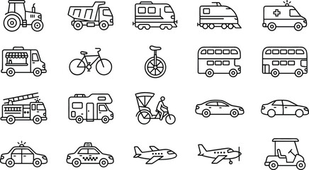Transportation and vehicle line icon set featuring ambulance fire truck bicycle train tractor taxi airplane and various automobiles © Shapla
