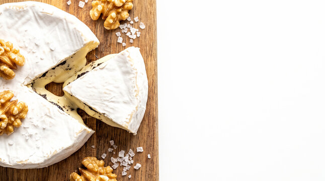 Truffle camembert cheese with walnuts on white background with copy space