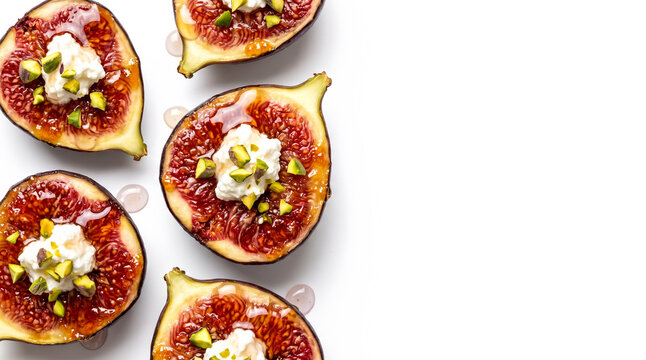 Caramelized figs with ricotta cream pistachios and honey on white background with copy space