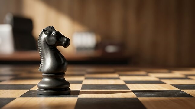 Estrategia de marca represented by a black knight chess piece on a wooden board illustrating business tactics