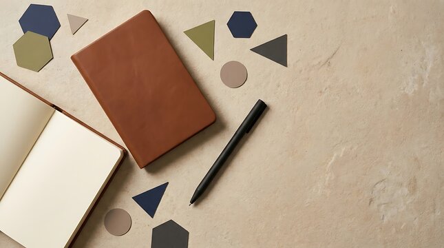 A styled desk flatlay for estrategia de marca featuring leather notebooks and geometric shapes.