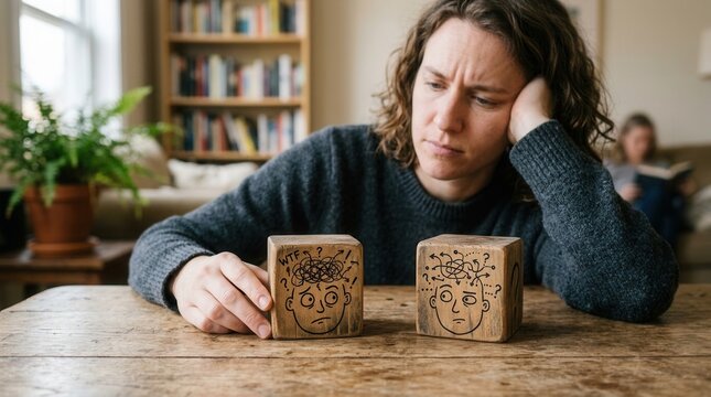 Person looking stressed and confused, holding a wooden block with a drawing of a tangled brain and the word WTF