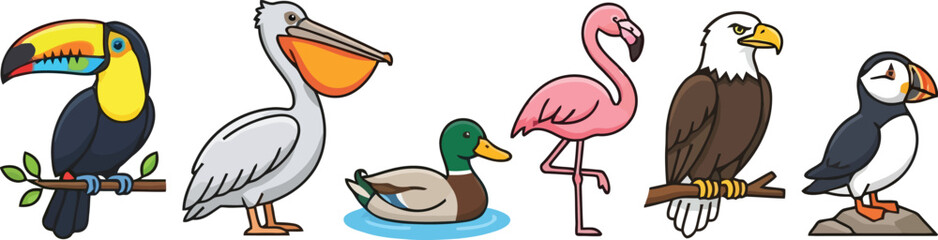 Fototapeta premium A colorful collection of various bird species illustrated in a cartoon style.