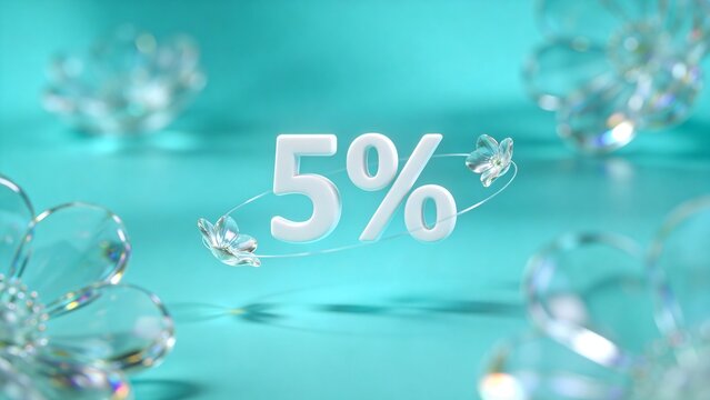 A floating white 3D percentage number orbits with translucent glass petals against a soft aqua gradient in futuristic luxury style