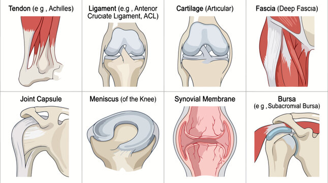 Medical Illustration of Human Joint Anatomy Featuring Tendon, Ligament, Cartilage, Fascia, Joint Capsule, Meniscus, Synovial Membrane, and Subacromial Bursa.