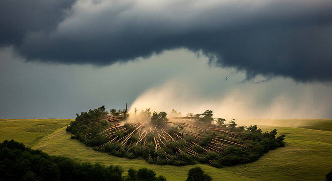 Intense Downdraft Wind Flattening Trees on Hillside Under Storm