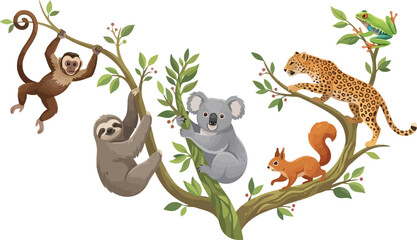 Fototapeta premium A collection of diverse wild animals including a monkey sloth koala leopard squirrel and frog on a tree.