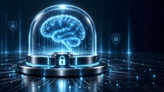 Glowing Digital AI Brain Inside Secure Glass Dome with Padlock Icon Representing Protected Artificial Intelligence and Cybersecurity
