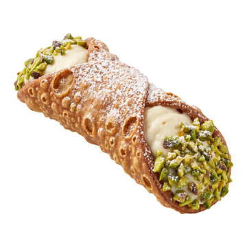 Cannolo siciliano. Sicilian pastry filled with sweet ricotta and crushed pistachio on a white background. Traditional italian dessert, appetizing close-up food photography for bakery menu