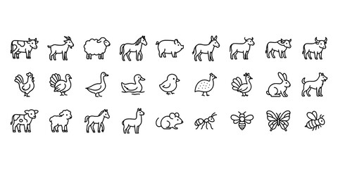 Fototapeta premium Set of Farm Animals Line Icon Set, Vector Pictograms of Goose, Duckling, Duck, Sheep, Horse and Pig, Thin Linear Illustration