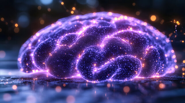 Abstract human brain model glowing with colorful digital matrix thoughts