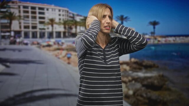 Woman holding hands over ears on seaside promenade near hotel building, windblown hair and striped shirt visible; distress noise reaction.
