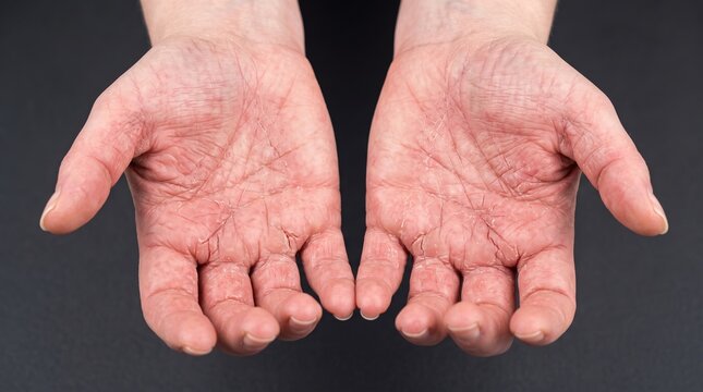Open Palms Close Up Showing Severe Dyshidrotic Eczema with Cracking and Peeling