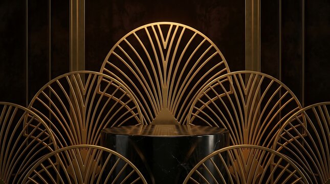 Minimalist 1920s Art Deco product display podium with black marble and gold patterns