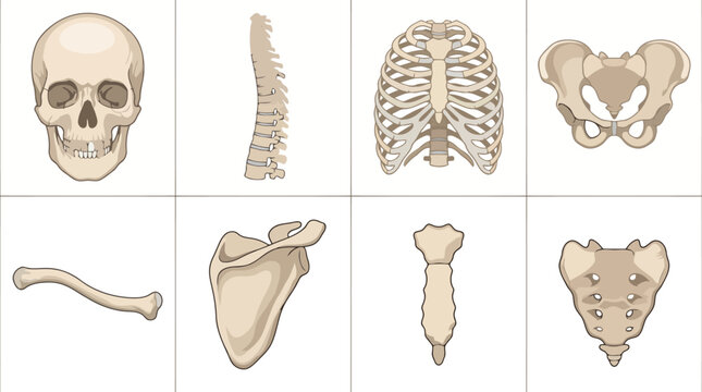 Vector medical anatomy skeleton set featuring human skull, spinal column, rib cage, pelvis, clavicle, scapula, sternum, and sacrum on a clean white background.