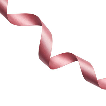 A single curled dusty rose satin ribbon strip with soft texture and smooth curves on a white background, isolated on a, transparent background